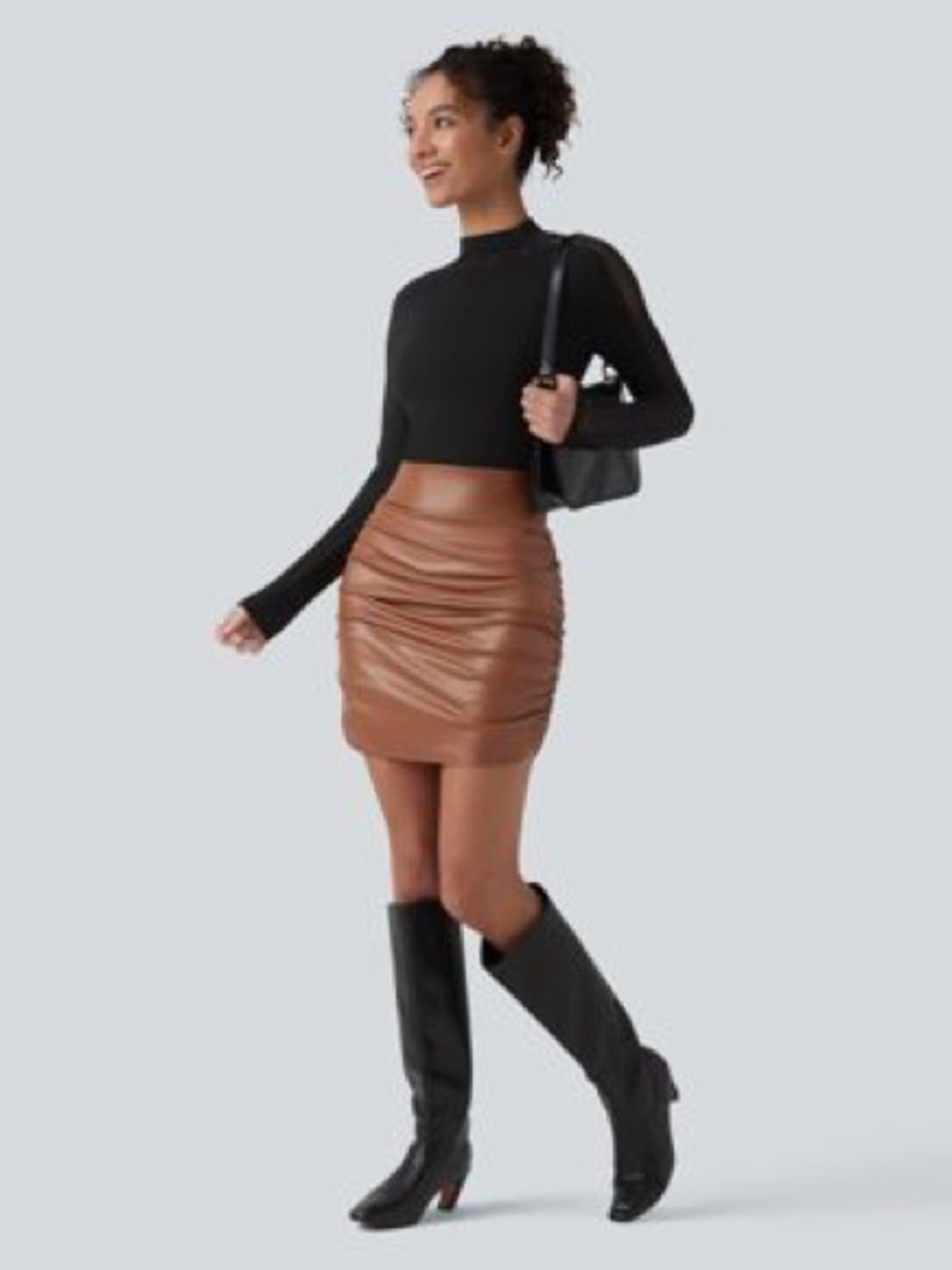 HALARA Chestnut Ruched Faux Leather Mini Skirt